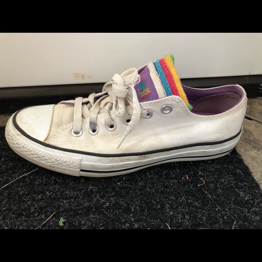 White converse with rainbow tongue